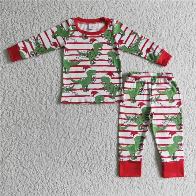 BLP0110 Boys Christmas Dinosaur Red Stripe Long Sleeve Pants Suit Pajamas set
