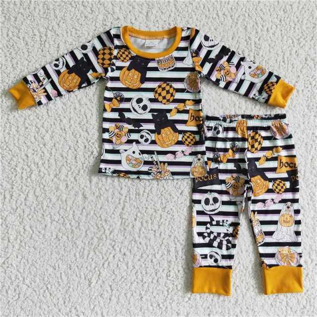 BLP0088 Boy pocus smiley skull pumpkin long sleeve pants suit Pajamas set