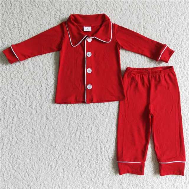 BLP0036 Boys Red Button Up Long Sleeve Pants Suit Pajamas set
