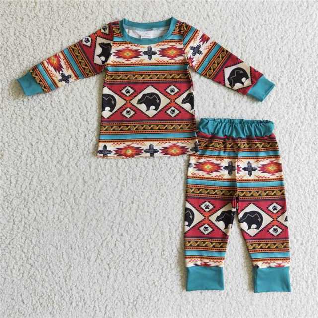 BLP0100 Boy Bear Geometric Brown Long Sleeve Pants Suit Pajamas set