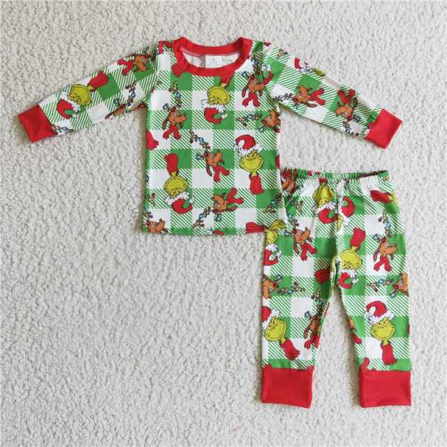 BLP0121 Boys grinch dog green plaid long sleeve pants Suit Pajama Set