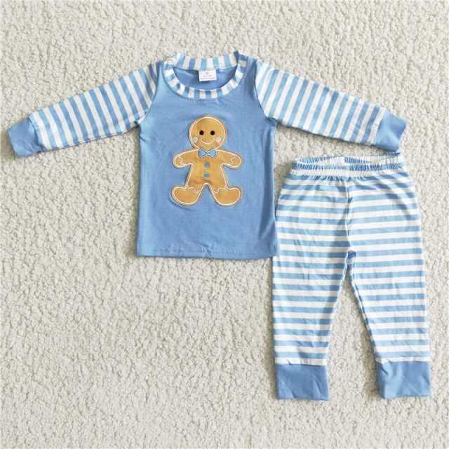 6 B8-23 8.5 boys embroidered gingerbread striped pajamas Set