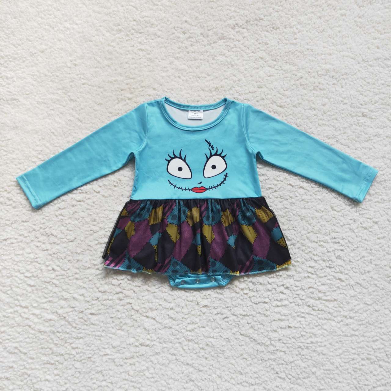 LR0603 sally cartoon smiling face blue spliced black gauze long sleeves jumpsuit