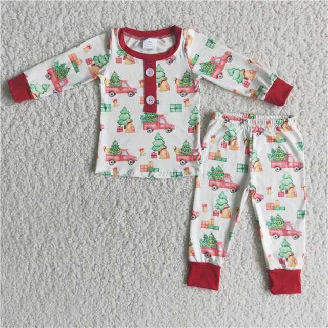 6 A15-20 Boys Truck Christmas Tree Red Cuff Long Sleeve Pajama Set