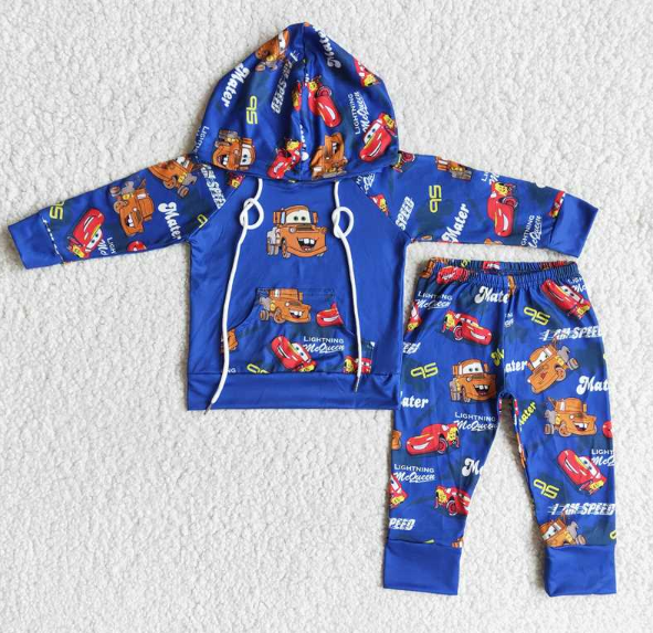 6 C10-26 Cartoon Car Boy Blue Hooded Sweatshirt Suit