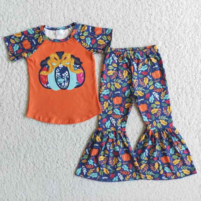 E1-3 Orange Pumpkin Top Pumpkin Leaf Flared Pants Suit