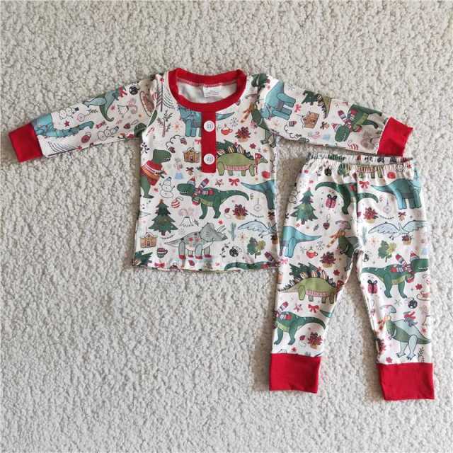 6 A3-27 Boys Button Dinosaur Pajamas Set