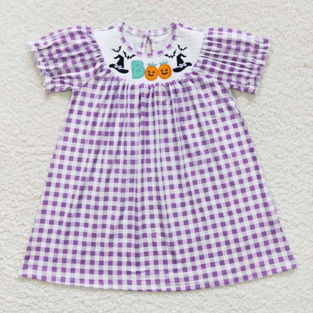 GSD0468 boo embroidered witch hat purple plaid smocked short sleeve dress
