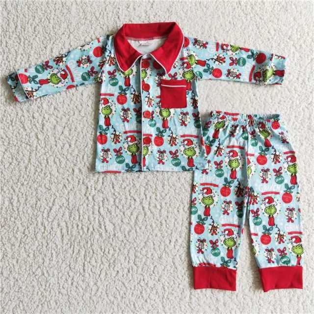 6 C11-17 grinch boys red pocket long sleeve pants set Pajamas Set