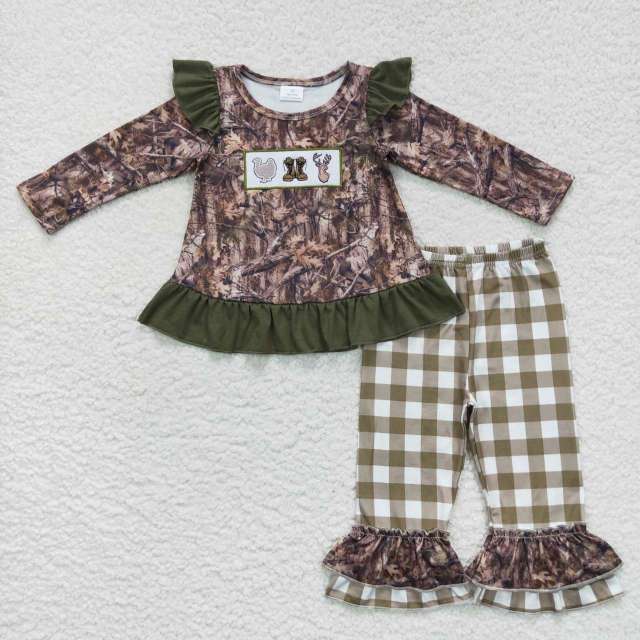 GLP0644 Embroidery turkey boots deer leaves plaid green lace long sleeves Pants Suit