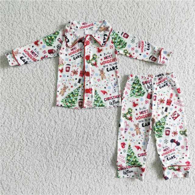 6 A1-30 Boys Mickey Christmas Tree Christmas Button Long Sleeve Pants Suit Pajamas
