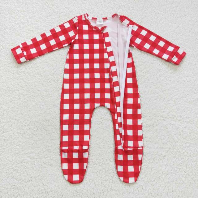 LR0549 Red and white plaid zipper long-sleeved jumpsuit