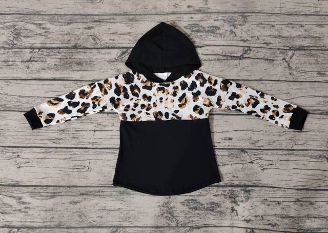 Pre-order kids summer clothes black leopard hooded long sleeve top