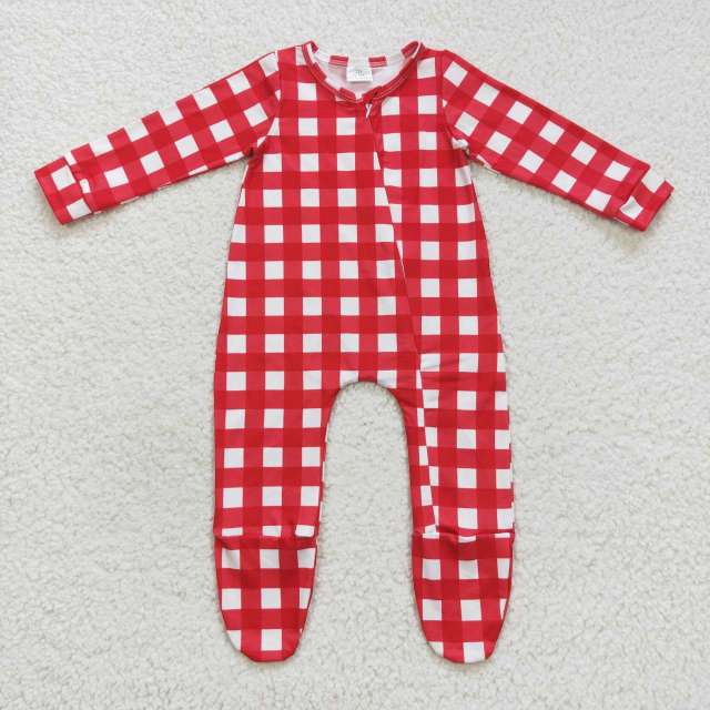 LR0549 Red and white plaid zipper long-sleeved jumpsuit