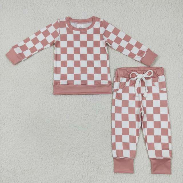 BLP0271 Pink and white plaid long-sleeved pants suit