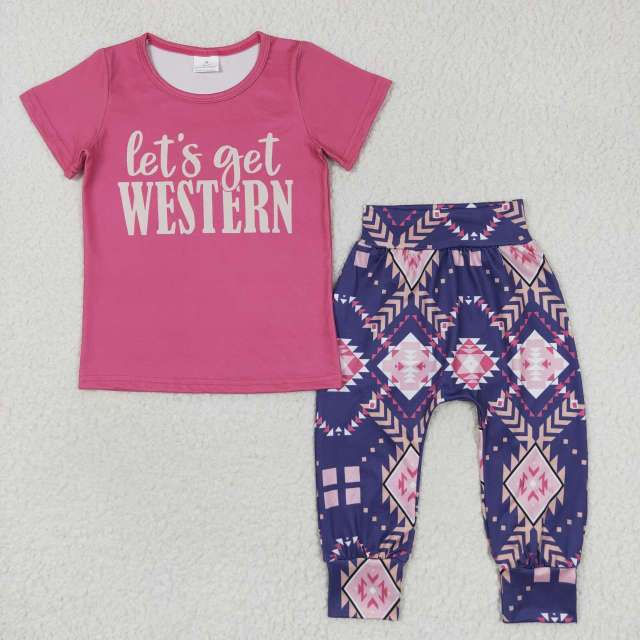 GSPO0727 let's get western letters pink short sleeve aztec pattern Pants Suit