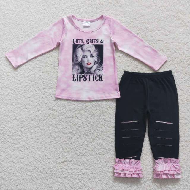 GLP0760 dolly lipstick letter pink long sleeve black Pants Suit