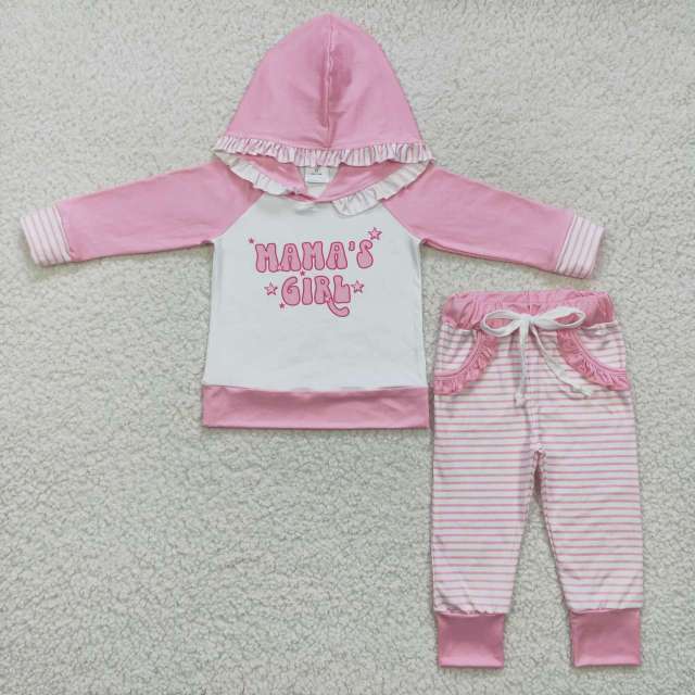 GLP0802 mama's girl letter pink and white striped hooded long-sleeved Pants Suit