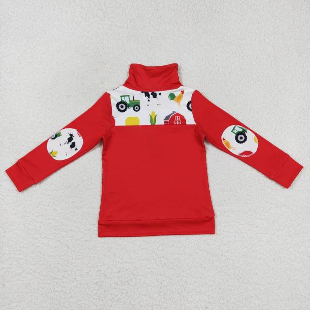 BT0347 Boys Farm Animals Red House Tractor Corn Zip Long Sleeve Top