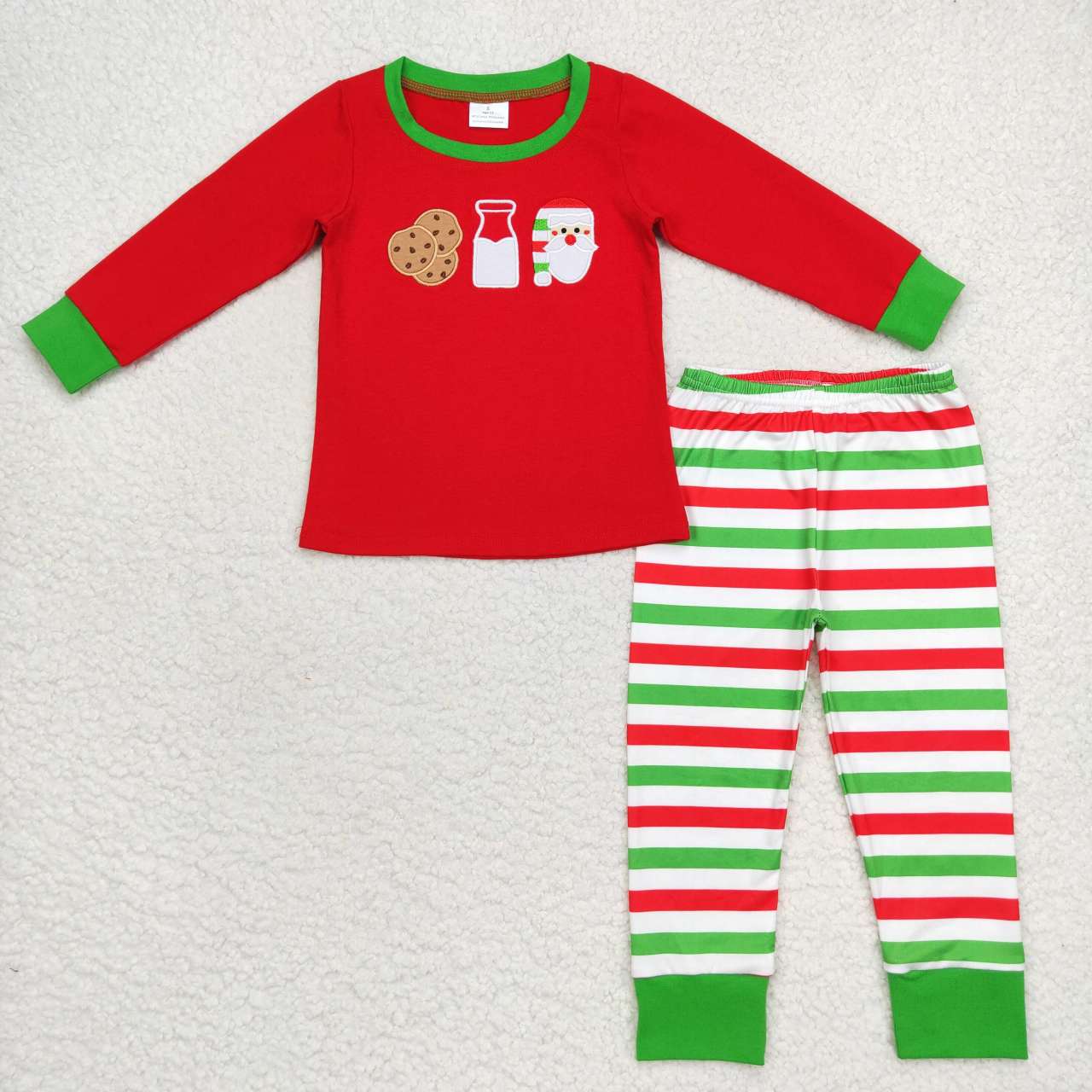 BLP0313 Christmas Embroidery cookies milk santa red green white stripes long Sleeve Pants Suit