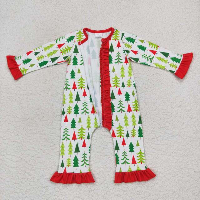 LR0626 Christmas tree lace red and white zipper long-sleeved jumpsuit