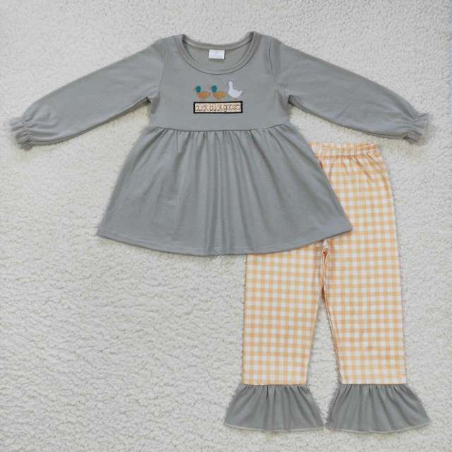 GLP0724 duck goose embroidered duck goose animal gray long-sleeved yellow plaid stovepipe pants Suit