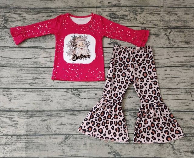 Pre-order girls summer clothes red leopard long sleeve pants set