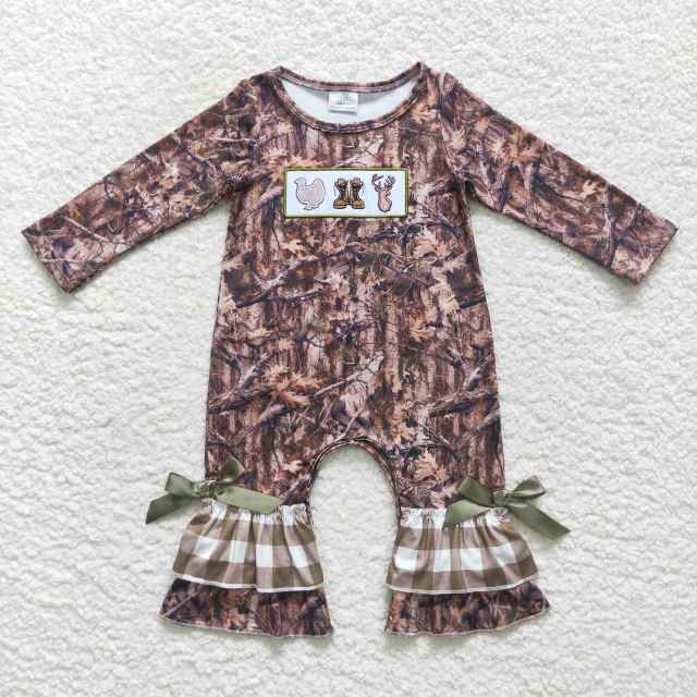 LR0526 Girls Thanksgiving Embroidered Turkey Boots Deer Leaf Plaid Lace Green Long Sleeve Jumpsuit