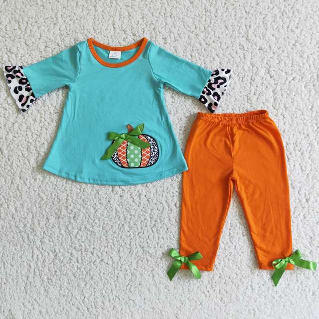 6 A3-12 Halloween Embroidered blue pumpkin top and orange pants suit
