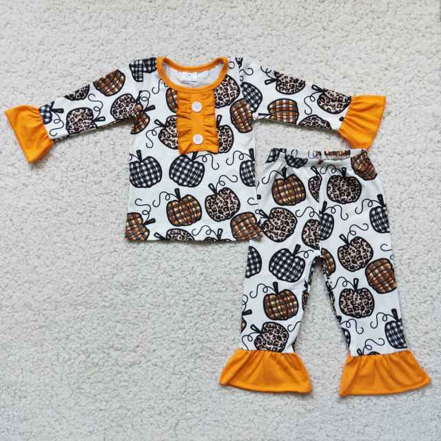 6 C10-38 Girls Pumpkin Pajamas Long Sleeve Pants Set