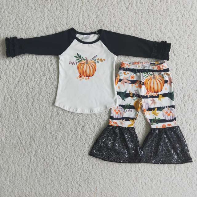 6 A20-29 Halloween Pumpkin top long sleeve black sequined bell bottoms set