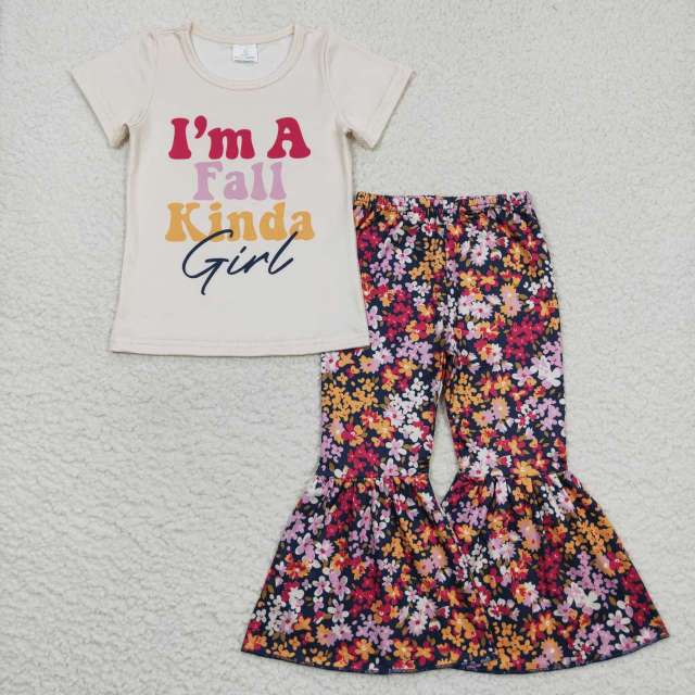 GSPO0862 fall kinda girl letter beige short-sleeved floral Pants Suit