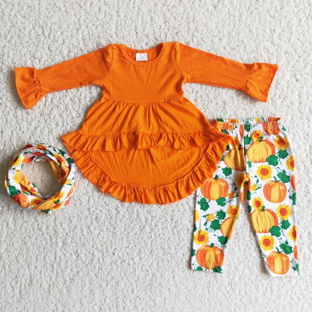 6 A11-15 Orange lace sleeves halloween pumpkin pants three-piece set