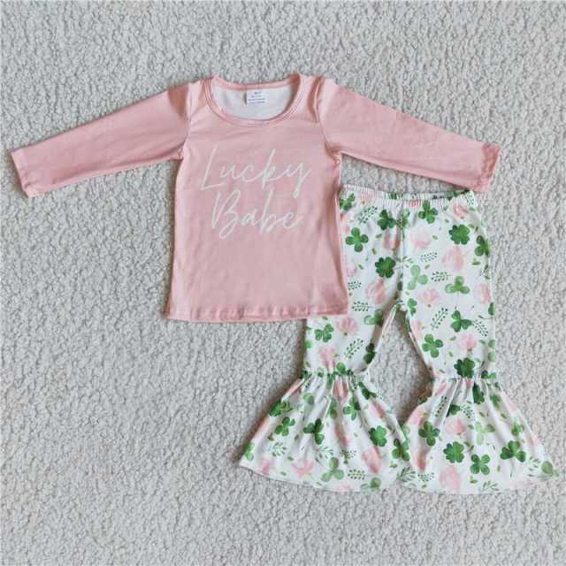 6 B2-25 Alphabet pink long-sleeved top with printed bell bottoms lucky four-leaf clover pants suit