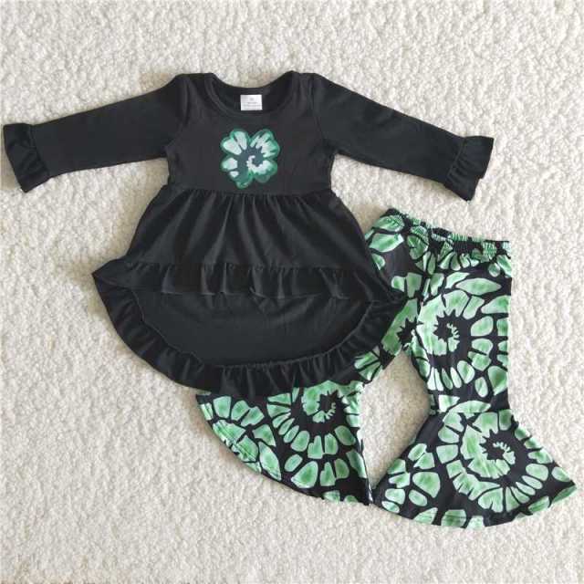 6 A30-27 Offset four-leaf clover black top and circle flared pants suit