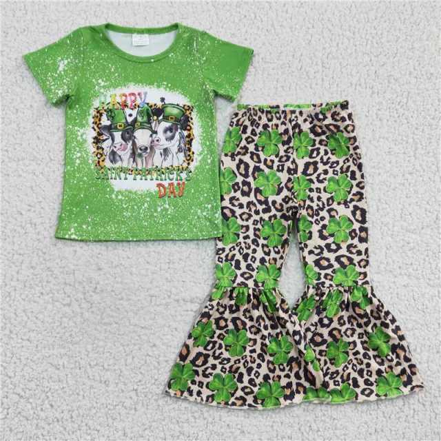 GSPO0329 Girls Clover Cow Leopard Print Green Short Sleeve Pants Suit