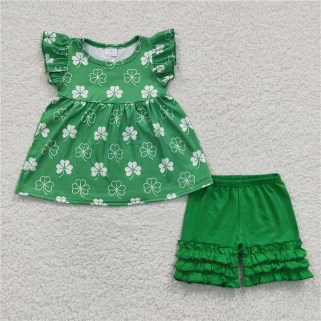 A11-21 Green four-leaf clover small flying sleeve lace shorts suit