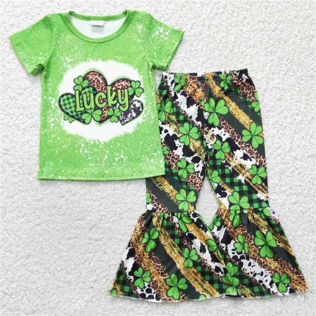 GSPO0356 Girls LUCKY green love four-leaf clover short sleeve pants suit
