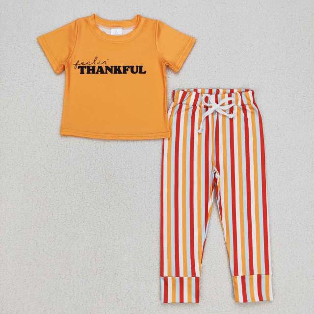 BSPO0167 orange short-sleeved blue and red striped trousers suit with letters of thankful