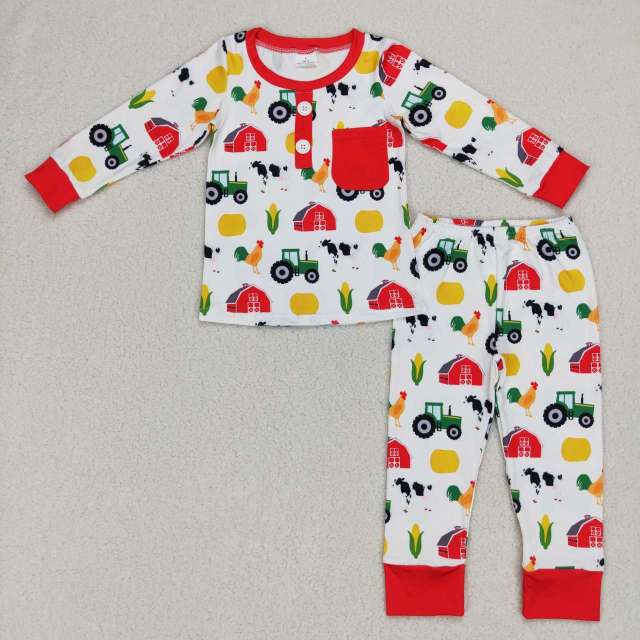 BLP0340 Farm animals red house tractor corn red white long sleeves Pants Suit