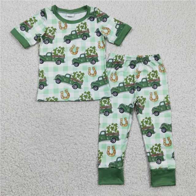 BSPO0043 Boys Green Car Clover Short Sleeve Pants Suit