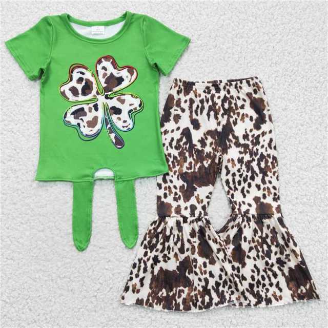 GSPO0297 Girls green cow pattern four-leaf clover short-sleeved Pants Suit