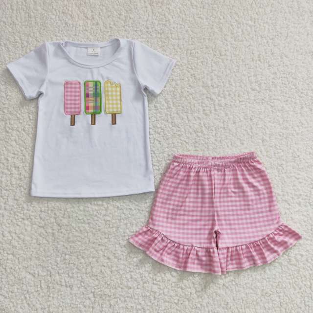 GSSO0157 Girls Embroidered Ice Cream White Short Sleeve Pink Shorts Suit