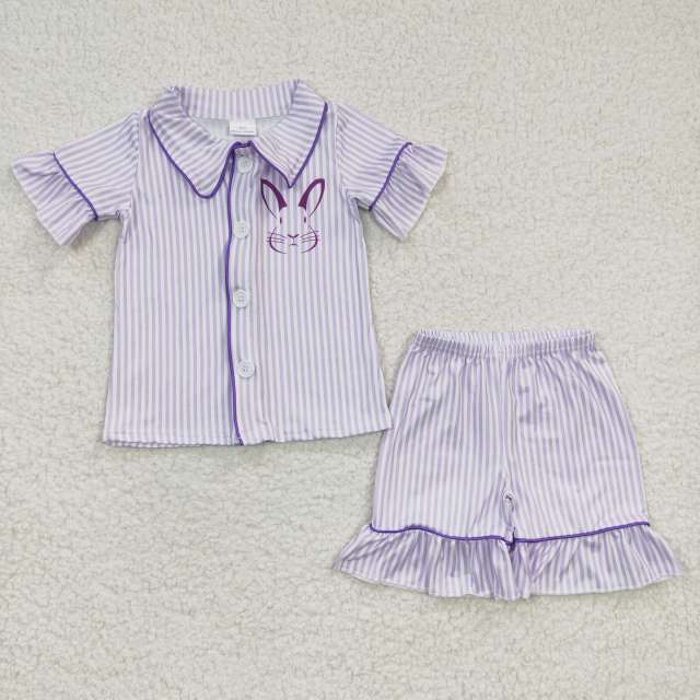 GSSO0144 Girls Bunny Purple Striped Short Sleeve Shorts Set