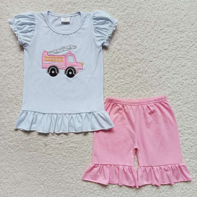 B3-4 Embroidered fire truck cotton top girls suit