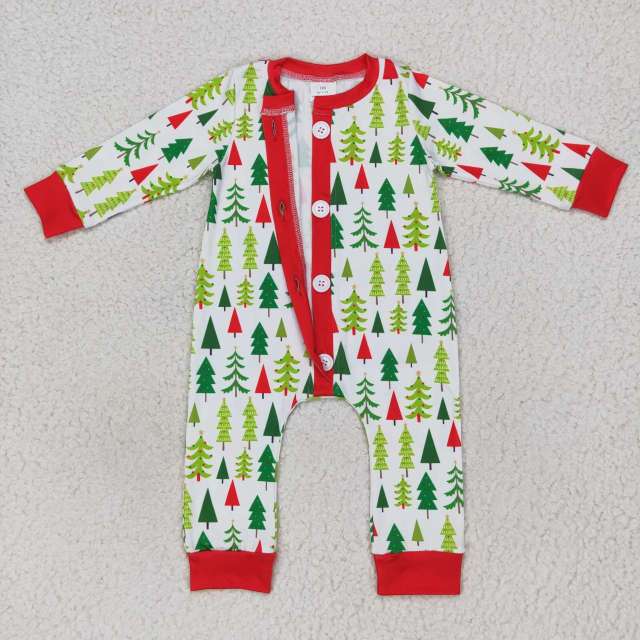 LR0627 Christmas Tree Red and White Zip Long Sleeve Jumpsuit