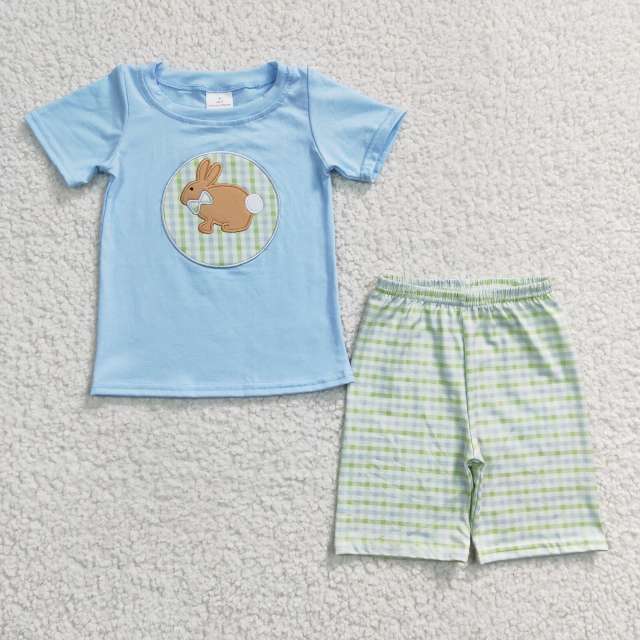 BSSO0130 Boys Embroidered Rabbit Blue Short Sleeve Plaid Shorts Suit