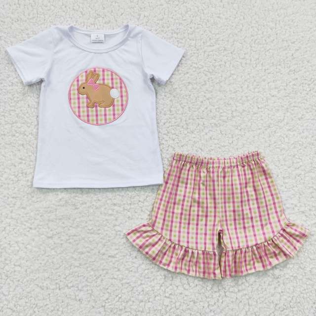 GSSO0158 Girls Embroidered Rabbit White Short Sleeve Plaid Shorts Suit