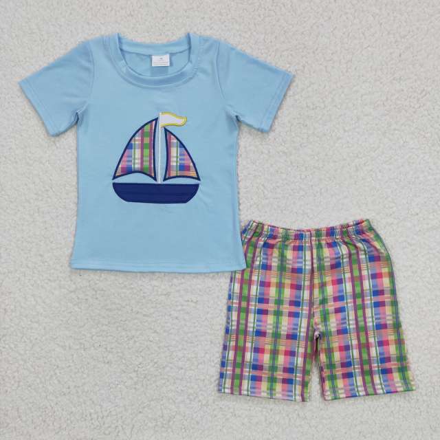 BSSO0127 Boys Embroidered Sailing Blue Short Sleeve Plaid Shorts Suit