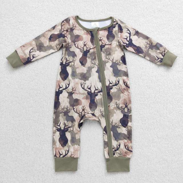 LR0662 Elk Army Green Camouflage Zip Long Sleeve Jumpsuit